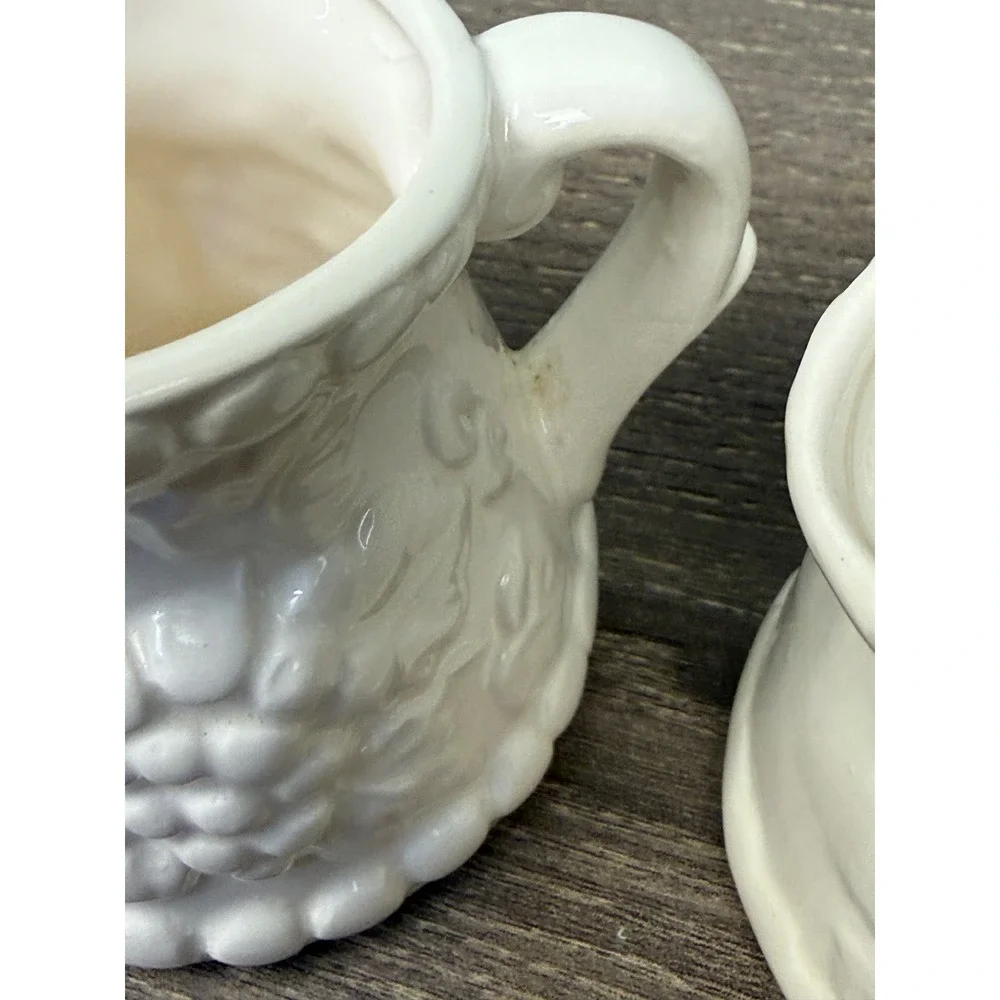 White Ceramic Grape Embossed Measuring Pitcher Set 4 Piece Farmhouse Kitchen